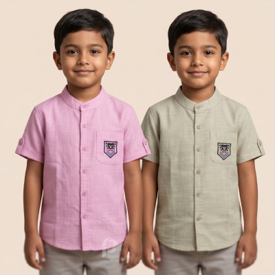 Boys Pure Cotton Mandarin Collar Shirt with Bear Badge | 2-12 Years