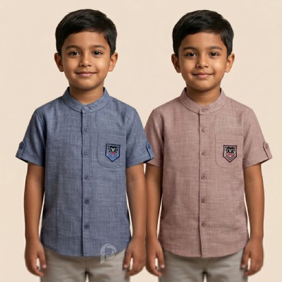 Boys Pure Cotton Mandarin Collar Shirt with Bear Badge | 2-12 Years