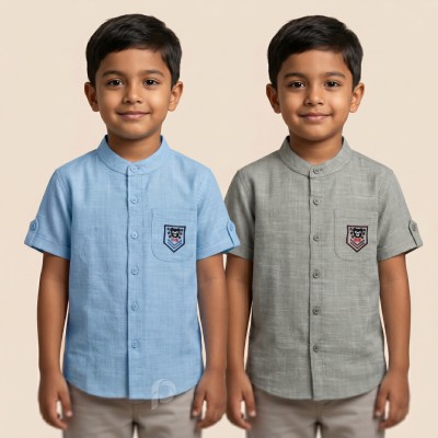 Boys Pure Cotton Mandarin Collar Shirt with Bear Badge | 2-12 Years