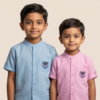 Boys Pure Cotton Mandarin Collar Shirt with Bear Badge | 2-12 Years